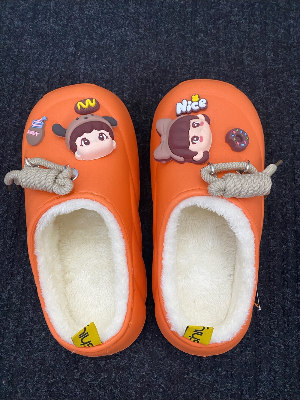 Orange Plush-Lined Cartoon Clog Slippers